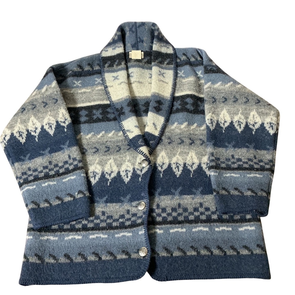 Coldwater Creek Southwestern Wool Shawl Cardigan Womens L Blue Nordic Sweater